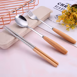 Portable Utensils Set with Case-8 Pieces Wood Handle Reusable Flatware Set Fork Spoon Stainless Steel with Carry