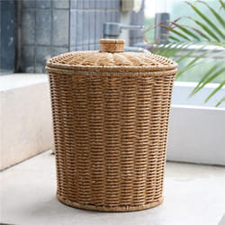 2X Woven Basket Trash Can Round Rattan Waste Basket with Lid Planter Woven Storage Baskets Wicker Garbage Bin