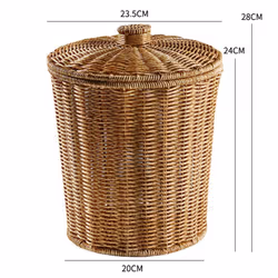 2X Woven Basket Trash Can Round Rattan Waste Basket with Lid Planter Woven Storage Baskets Wicker Garbage Bin
