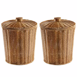 2X Woven Basket Trash Can Round Rattan Waste Basket with Lid Planter Woven Storage Baskets Wicker Garbage Bin