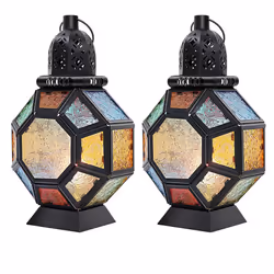 2 x Retro Iron Candle Lanterns Portable Moroccan Stained Glass Candle Holder Hanging Lamp Horse Light Wind Lantern