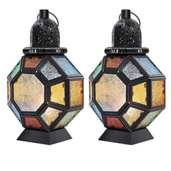2 x Retro Iron Candle Lanterns Portable Moroccan Stained Glass Candle Holder Hanging Lamp Horse Light Wind Lantern
