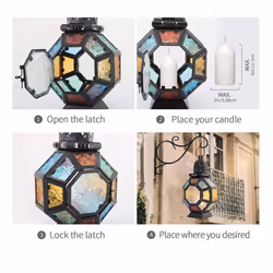 2 x Retro Iron Candle Lanterns Portable Moroccan Stained Glass Candle Holder Hanging Lamp Horse Light Wind Lantern
