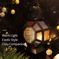 2 x Retro Iron Candle Lanterns Portable Moroccan Stained Glass Candle Holder Hanging Lamp Horse Light Wind Lantern