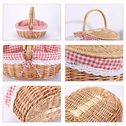2X Country Style Wicker Picnic Basket Hamper with Lid and Handle & Liners for Picnics, Parties, Wedding and BBQs