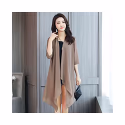 Summer Chiffon Shirt, Medium Length, Ultra-thin Coat, Sun Protection Suit, Solid Color Shawl Cardigan - Camel, XL