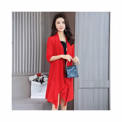 Summer Chiffon Shirt, Medium Length, Ultra-thin Coat, Sun Protection Suit, Solid Color Shawl Cardigan - Red, M