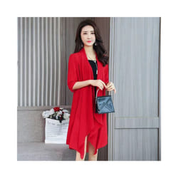 Summer Chiffon Shirt, Medium Length, Ultra-thin Coat, Sun Protection Suit, Solid Color Shawl Cardigan - Red, S
