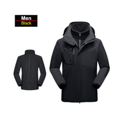 ) Men's 3 In 1 Thick Hiking Jacket Fleece Waterproof Winter Windbreaker Outdoor Warm Camping Jacket Men Windproof Coat - Men-Black, L(45-57.5kg