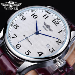 Winner Black Date Automatic Watch Leather Band Business Sports Watches Top Brand Luxury Men&apos;s Fashion Casual Mechanical Clock - brown, None
