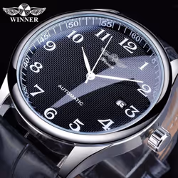 Winner Black Date Automatic Watch Leather Band Business Sports Watches Top Brand Luxury Men&apos;s Fashion Casual Mechanical  ...
