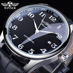 Winner Black Date Automatic Watch Leather Band Business Sports Watches Top Brand Luxury Men&apos;s Fashion Casual Mechanical Clock - black, None