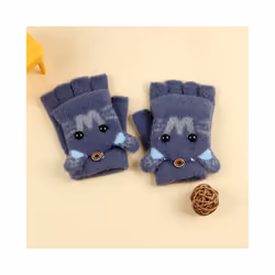 ) Winter Coral Fleece Kids Short Gloves Thicken Children Baby Love Plush - Navy W Flip(3-8Y