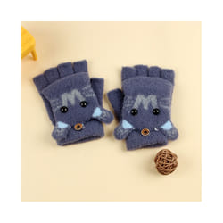 ) Winter Coral Fleece Kids Short Gloves Thicken Children Baby Love Plush - Navy W Flip(3-8Y