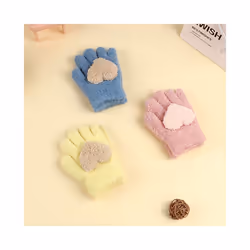) Winter Coral Fleece Kids Short Gloves Thicken Children Baby Love Plush - Navy W Flip(3-8Y