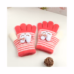 ) Winter Coral Fleece Kids Short Gloves Thicken Children Baby Love Plush - Red Stripe(3-8Y