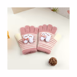 ) Winter Coral Fleece Kids Short Gloves Thicken Children Baby Love Plush - Pink Stripe(3-8Y
