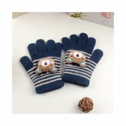 ) Winter Coral Fleece Kids Short Gloves Thicken Children Baby Love Plush - Navy Stripe(3-8Y