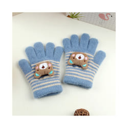 ) Winter Coral Fleece Kids Short Gloves Thicken Children Baby Love Plush - Blue Stripe(3-8Y