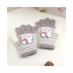 ) Winter Coral Fleece Kids Short Gloves Thicken Children Baby Love Plush - Gray Stripe(3-8Y