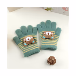 ) Winter Coral Fleece Kids Short Gloves Thicken Children Baby Love Plush - Green Stripe(3-8Y