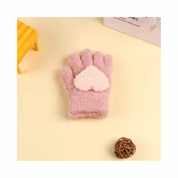 ) Winter Coral Fleece Kids Short Gloves Thicken Children Baby Love Plush - Deep pink Love(1-5Y