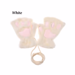 1Pair Winter Fluffy Cat Paw Children Gloves Cute Fingerless Warm Plush - white