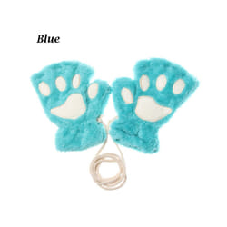 1Pair Winter Fluffy Cat Paw Children Gloves Cute Fingerless Warm Plush - blue