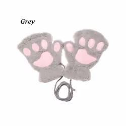 1Pair Winter Fluffy Cat Paw Children Gloves Cute Fingerless Warm Plush - grey