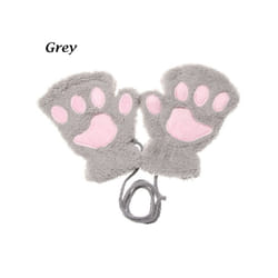 1Pair Winter Fluffy Cat Paw Children Gloves Cute Fingerless Warm Plush - grey