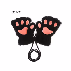 1Pair Winter Fluffy Cat Paw Children Gloves Cute Fingerless Warm Plush - black