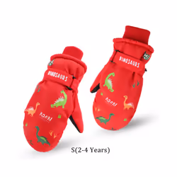 ) Kids Boys Dinosaur Mittens Cartoon Snow Gloves Winter Children Outdoor - Red(2-4 Years