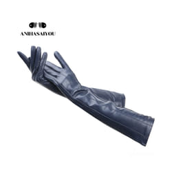 Multicolor women's gloves,50cm long leather gloves,sheepskin women's leather - Dark blue