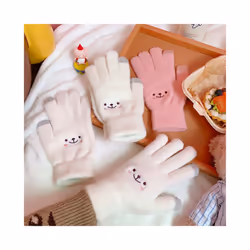 1Pair Winter Warm Plush Gloves Cute Student Japanese Girl Smile Knitted - One Size, purple gray