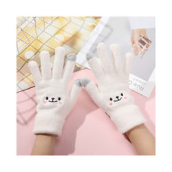 1Pair Winter Warm Plush Gloves Cute Student Japanese Girl Smile Knitted - One Size, white