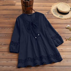 Cotton &amp; Linen Lace Loose Top - navy, 5XL