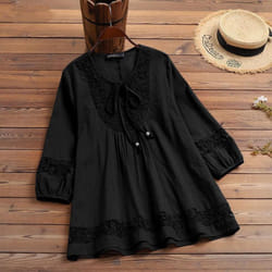 Cotton &amp; Linen Lace Loose Top - black, S