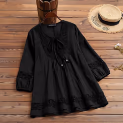 Cotton & Linen Lace Loose Top - black, L
