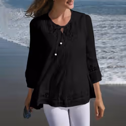 Cotton &amp; Linen Lace Loose Top - black, L