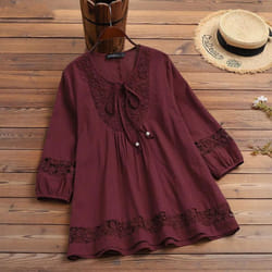 Cotton &amp; Linen Lace Loose Top - burgundy, 4XL