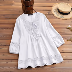 Cotton & Linen Lace Loose Top - white, L