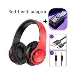 Noise Cancelling Wireless Headphones With Mic Foldable Bluetooth Headset - Red1 with adaptor