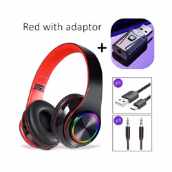 Noise Cancelling Wireless Headphones With Mic Foldable Bluetooth Headset - Red with adaptor