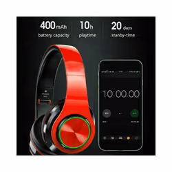Noise Cancelling Wireless Headphones With Mic Foldable Bluetooth Headset - Red with adaptor