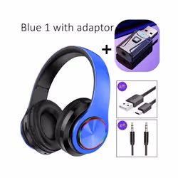 Noise Cancelling Wireless Headphones With Mic Foldable Bluetooth Headset - Blue1 with adaptor