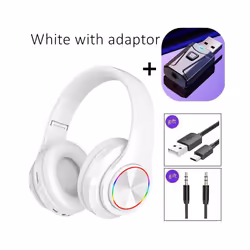 Noise Cancelling Wireless Headphones With Mic Foldable Bluetooth Headset - White with adaptor