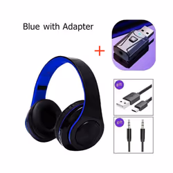 Noise Cancelling Wireless Headphones With Mic Foldable Bluetooth Headset - Blue with adaptor