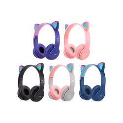 Cute Cat Ear Bluetooth Compatible Headset with LED Wireless Headset Children - Light blue