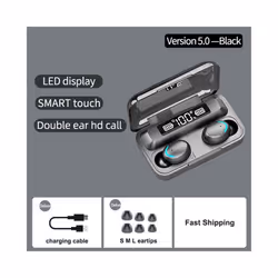 TWS F9 Earphone Bluetooth 5.1 Wireless Headphones Hifi Stereo Sports Waterproof - Black