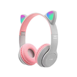 Wireless Bluetooth Headphones Cat Ear Gaming Headset LED Glow Light Helmets - Grey